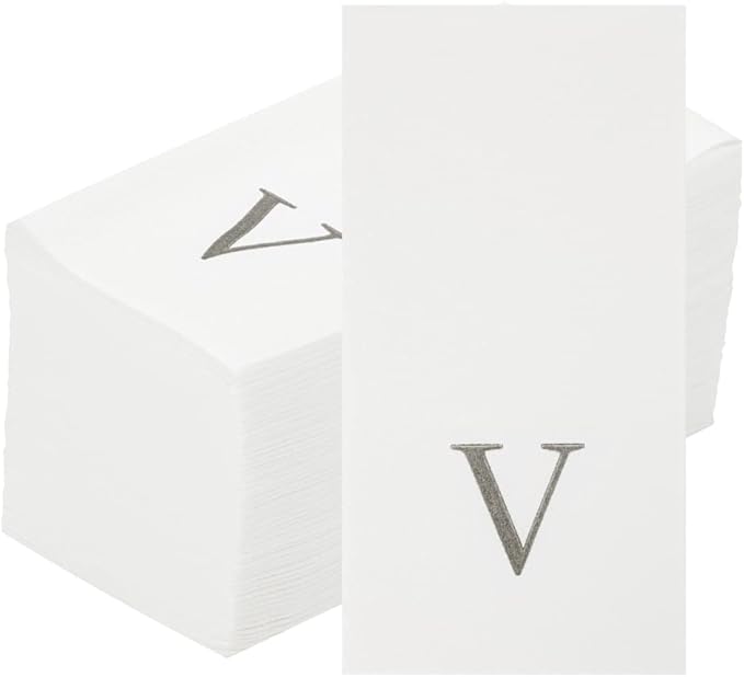 Luxenap 15.8 X 7.9 Inch Linen-Feel Guest Towels, 2000 Lettered Hand Towels - Silver Letter 'V', Sans Serif Font, White Paper Dinner Napkins, airlaid, For Restrooms And Tables - Restaurantware