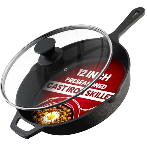 Cast Iron Skillet 12 Inch with Lid Chefs Frying Pan Black (12 inch / Black)