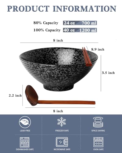 Ceramic Japanese Ramen Bowl Set (8 Inch / Black)