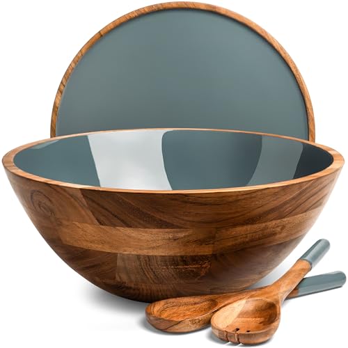 Large Wooden Salad Bowl Set 12.5 Inch with Serving Utensils (Seafoam / 12.5)