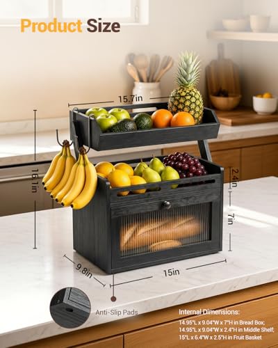 Bread Box for Kitchen Countertop (Black)