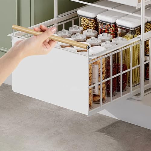 2 Tier Stainless Steel Pull Out Cabinet Organizer ([White] Free Installation)