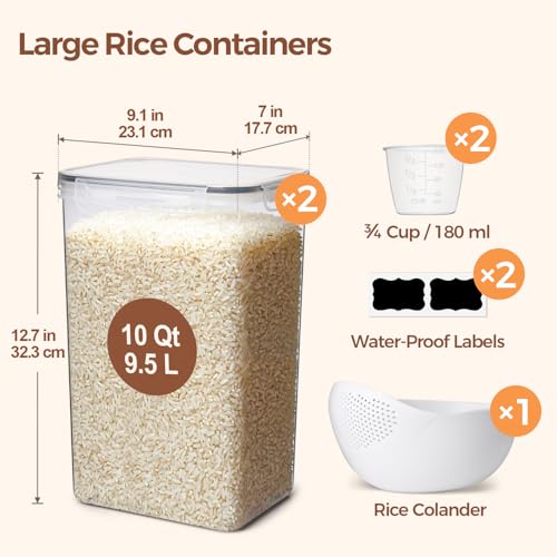 Airtight Rice Storage Container with Lid 10Qt 2Pack (10Qt-Rectangle)