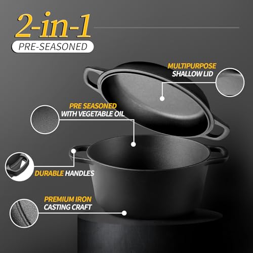 2-in-1 Pre-Seasoned Cast Iron Dutch Oven Pot with Skillet Lid Cooking Pan, Cast Iron Skillet Cookware Pan Set with Dual Handles, Indoor Outdoor for Bread/Frying/Baking/Camping/BBQ, 5 Qt (5QT)
