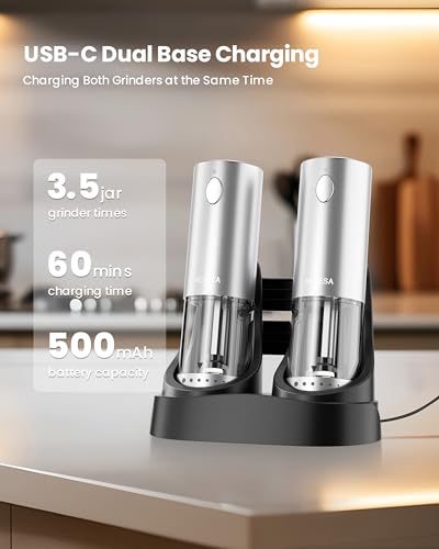 Electric Salt and Pepper Grinder Set with Rechargeable Base (Silver / Set)