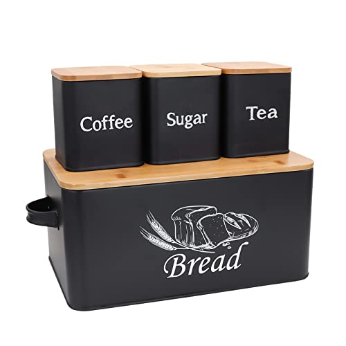 Bread Box with 3pcs Jars Coffee Sugar Tea for Kitchen Countertop White Metal Bread Box with Bamboo Board Cover Pastry Storage Container Set Kitchen decor (Bread Box-1)