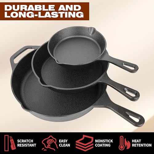 Cast Iron Skillet 3 (6"/8"/10" Cast Iron Skillet Set)