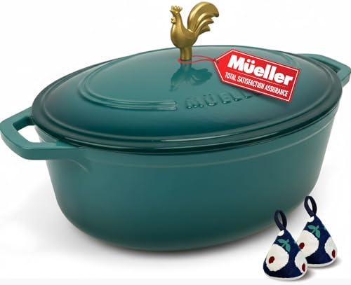 5.5 Quart Enameled Cast Iron Oval Dutch Oven with Rooster Knob and Cotton Potholders
