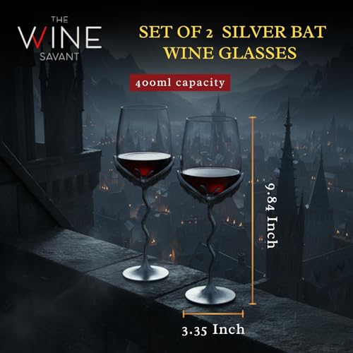Silver Bat Wine Glasses Set of 2 Gothic Goblets with Alloy Steel Stems and Borosilicate Glass Unique Spooky Barware for Wine Lovers Dining Parties Holiday Gift Collectible Display (2 Count)