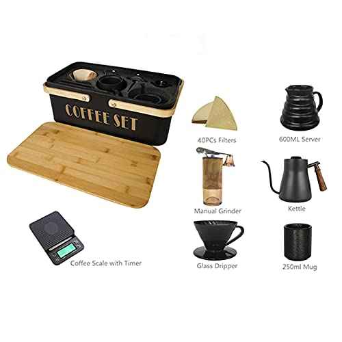 Pour Over Coffee Maker Set Coffee Kettle Scale Ceramic Server Ceramic Dripping Cup Bean Grinder Filter Paper Ceramic Cup ALL in 1 Portable Metal Box for Traveling (5 Count)