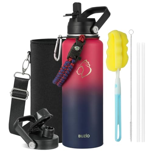 40 oz Insulated Water Bottle with Paracord Handle & Straw Spout Lids (40 Ounces / Ruby Red Navy)
