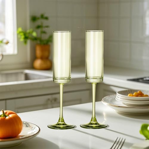 24 Pieces Green Champagne Flutes 6 OZ Straight Sided Wine Glasses Champagne Long Stem Drinking Colored Glasses (24 Count)