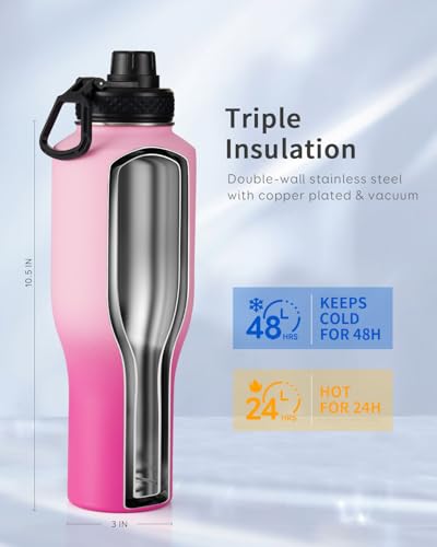 40 oz Water Bottle Insulated Fit in Any Car Cup Holder with 2 Lids (40 Ounces / Gradient Pink)