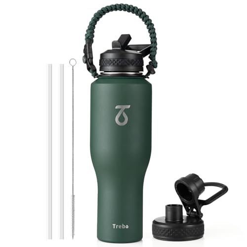 40 oz Water Bottle Insulated Fit in Any Car Cup Holder with 2 Lids (40 Ounces / Dark Green)