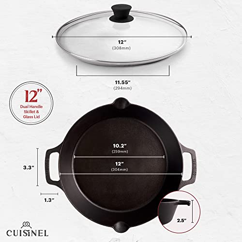 Cast Iron Skillet with Glass Lid (Dual Handle Skillet + Glass Lid / 12")
