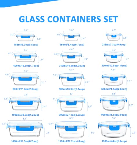 30 Pieces Glass Food Storage Containers Set (Blue / 15 Pack)