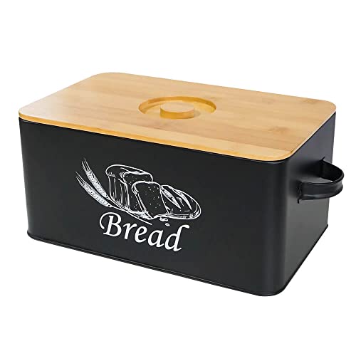 Bread Box with 3pcs Jars Coffee Sugar Tea for Kitchen Countertop White Metal Bread Box with Bamboo Board Cover Pastry Storage Container Set Kitchen decor (Black Box)
