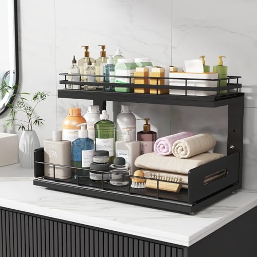 Under Sink Organizer Upgrade To Professional Rails (Black / 2 Pack-18.5"Dx12.8"-16.9"H)