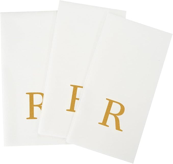 Luxenap 15.8 X 7.9 Inch Linen-Feel Guest Towels, 50 Lettered Hand Towels - Gold Letter 'R', Sans Serif Font, White Paper Dinner Napkins, airlaid, For Restrooms And Tables