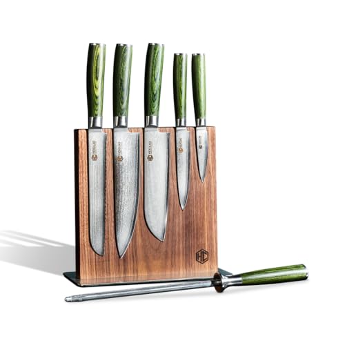 Green 7 Piece Japanese Damascus Steel Knife Set with Knife Block