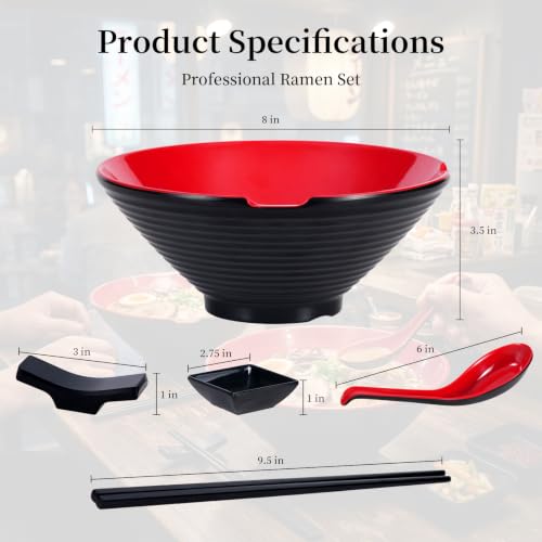 Unbreakable Melamine Ramen Bowl Set （4 piece set） (Red-Black / Set-4)