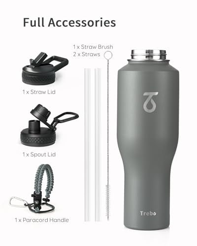 40 oz Water Bottle Insulated Fit in Any Car Cup Holder with 2 Lids (40 Ounces / Gray)