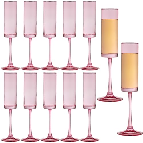 12 PCS Pink Crystal Champagne Flutes 6 OZ Wine Glass Long Stem Drinking Colored Glasses (12 Count)