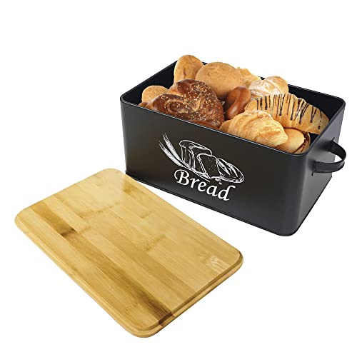 Bread Box with 3pcs Jars Coffee Sugar Tea for Kitchen Countertop White Metal Bread Box with Bamboo Board Cover Pastry Storage Container Set Kitchen decor (Black Box)