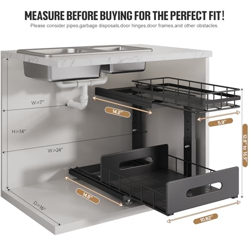 Under Sink Organizer Upgrade To Professional Rails (Black / 2 Pack-14.5"Dx12.8"-16.9"H)