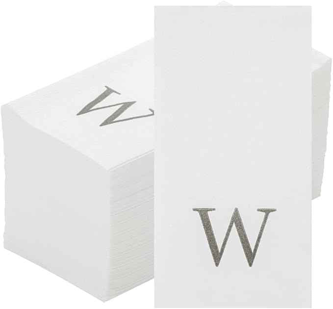 Luxenap 15.8 X 7.9 Inch Linen-Feel Guest Towels, 50 Lettered Hand Towels - Silver Letter 'W', Sans Serif Font, White Paper Dinner Napkins, airlaid, For Restrooms And Tables - Restaurantware