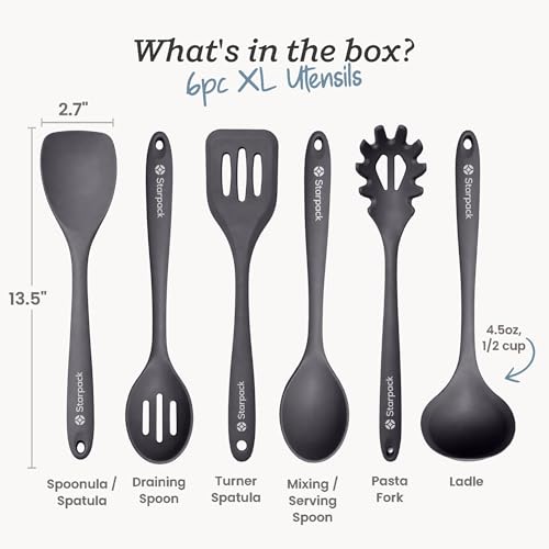 Starpack Like a Boss XL Silicone Cooking Utensils Set (Gray/Black / XL Size Set of 6, 13")