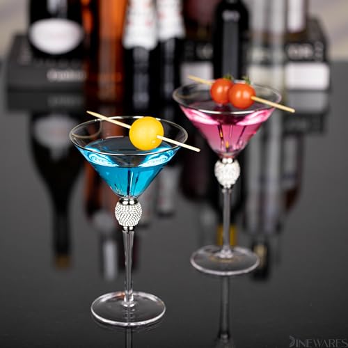 2 Piece Premium Clear Stem Crystal Martini Glasses with Silver Rim and Diamond