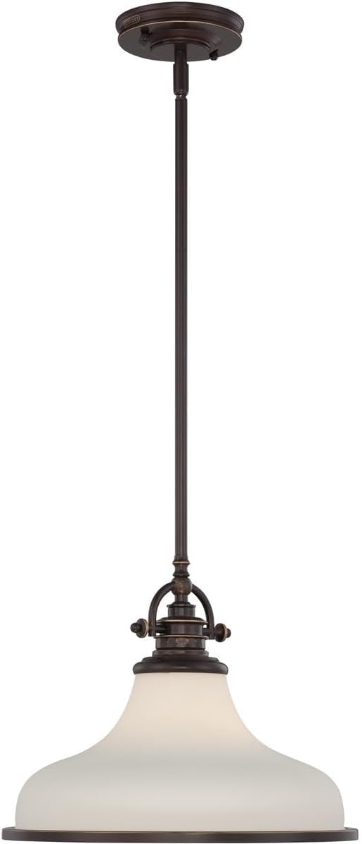 Quoizel Grant 13.5" Pendant Light, Palladian Bronze with Opal Etched Glass, 13"–51" Adjustable Height for Kitchen Island or Table