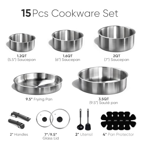 15pcs Tri Ply Stainless Steel Cookware Set with Detachable Handle (12 Count)