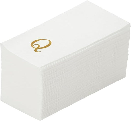 Luxenap 15.8 X 7.9 Inch Linen-Feel Guest Towels, 50 Lettered Hand Towels - Gold Letter 'Q', Sans Serif Font, White Paper Dinner Napkins, airlaid, For Restrooms And Tables