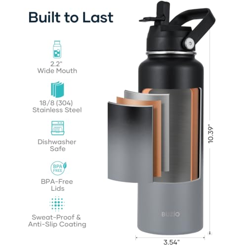 40 oz Insulated Water Bottle with Paracord Handle & Straw Spout Lids (40 Ounces / Shadow)