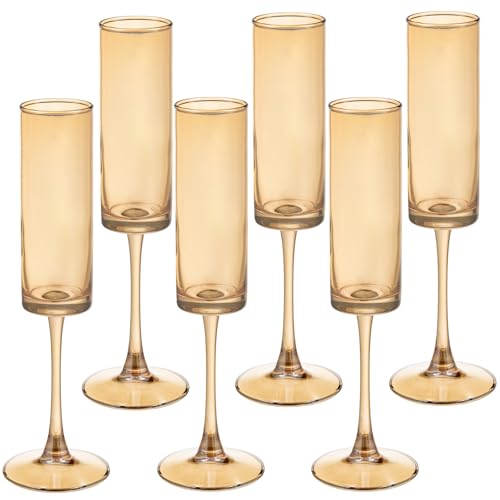 6 Pieces Amber Champagne Flutes 6 OZ Straight Sided Wine Glasses Champagne Long Stem Drinking Colored Glasses (6 Count)