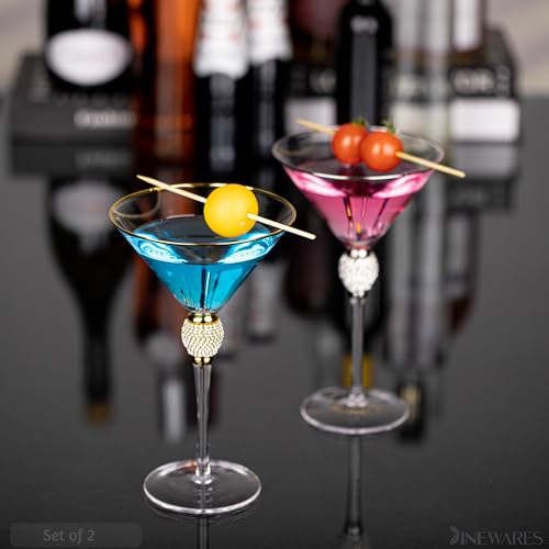 2 Piece Premium Clear Stem Crystal Martini Glasses with Gold Rim and Diamond