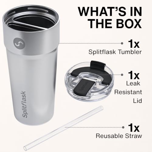 2-in-1 Hot & Cold Vacuum Insulated 30oz Tumblers, Stainless Steel Dual Chamber, Leak-Proof Lid, BPA-Free, Fits Cup Holder, Travel Coffee Mug, Split Cup, 2 Drink, 2 Sides, Coffee & Water (Silver) (Sandy Silver)