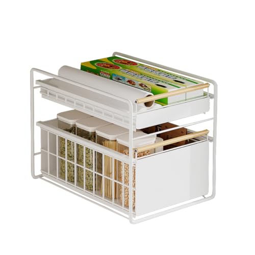2 Tier Stainless Steel Pull Out Cabinet Organizer ([White] Free Installation)