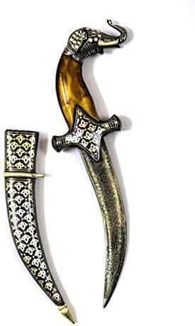Purpledip Decorative Mini-Sword for Ceremonial Or Ornamental Use: Antique Elephant Design with Camelbone Hilt, Damascus Steel Blade, Silver Inlay Scabbard, 12 inches (A20014)