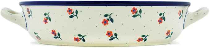 Polmedia Polish Pottery Round Baker with Handles 10-inch - Full Bloom Pattern Handmade in Boleslawiec Poland by Ceramika Artystyczna + Certificate of Authenticity