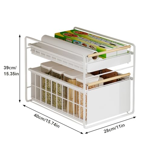 2 Tier Stainless Steel Pull Out Cabinet Organizer ([White] Free Installation)