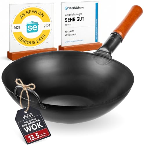 13.5" Pre Seasoned Flat Bottom Black Carbon Steel Wok for Stir Fry