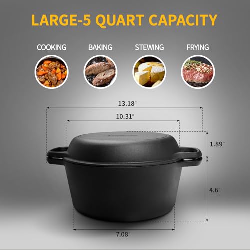 2-in-1 Pre-Seasoned Cast Iron Dutch Oven Pot with Skillet Lid Cooking Pan, Cast Iron Skillet Cookware Pan Set with Dual Handles, Indoor Outdoor for Bread/Frying/Baking/Camping/BBQ, 5 Qt (5QT)
