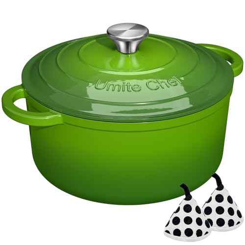 7QT Enameled Cast Iron Dutch Oven with Lid & Cotton Potholders (Green / 7QT)