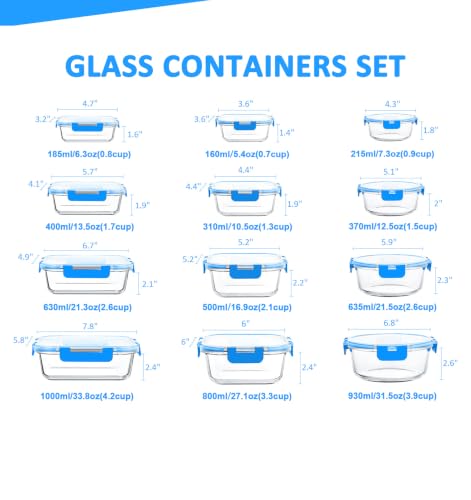 24 Pieces Glass Food Storage Containers Set (Blue / 12 Pack)