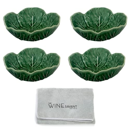 Bordallo Pinheiro Cabbage Bowl Green Set of 4 with Wine Savant Cleaning Towel Bundle Kitchen Bowls for Oatmeal