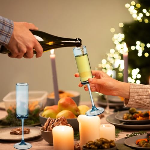 24 Pieces Blue Champagne Flutes 6 OZ Straight Sided Wine Glasses Champagne Long Stem Drinking Colored Glasses (24 Count)