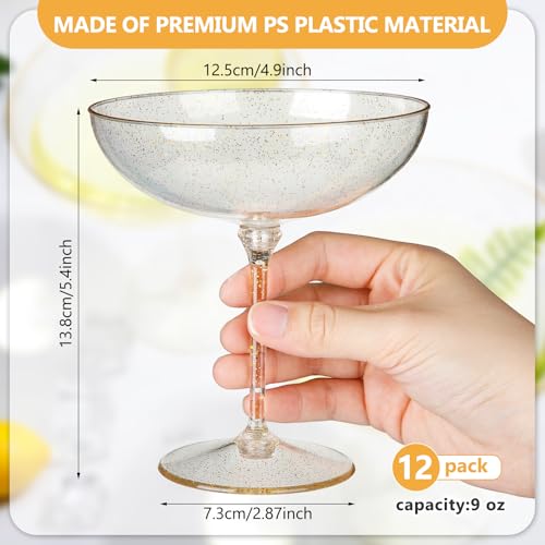 12 Pcs Detachable Martini Glasses 9oz Disposable Plastic Coupe Cocktail Dessert Glassware Set for Champagne Wine Wedding Birthday Holiday Party Supplies (12 Count)